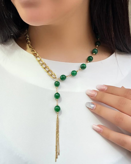 Zehn Green Bead and Gold Chain Y-Necklace