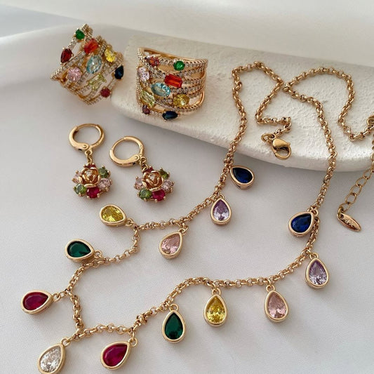 Multicolor Gemstone Cluster Necklace Set for Women