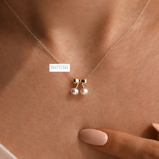 Gold Plated Pearl Bow Pendant Necklace for Women