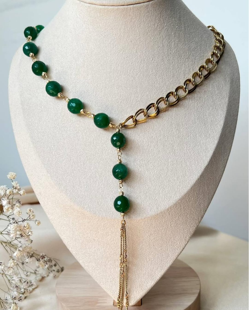Zehn Green Bead and Gold Chain Y-Necklace