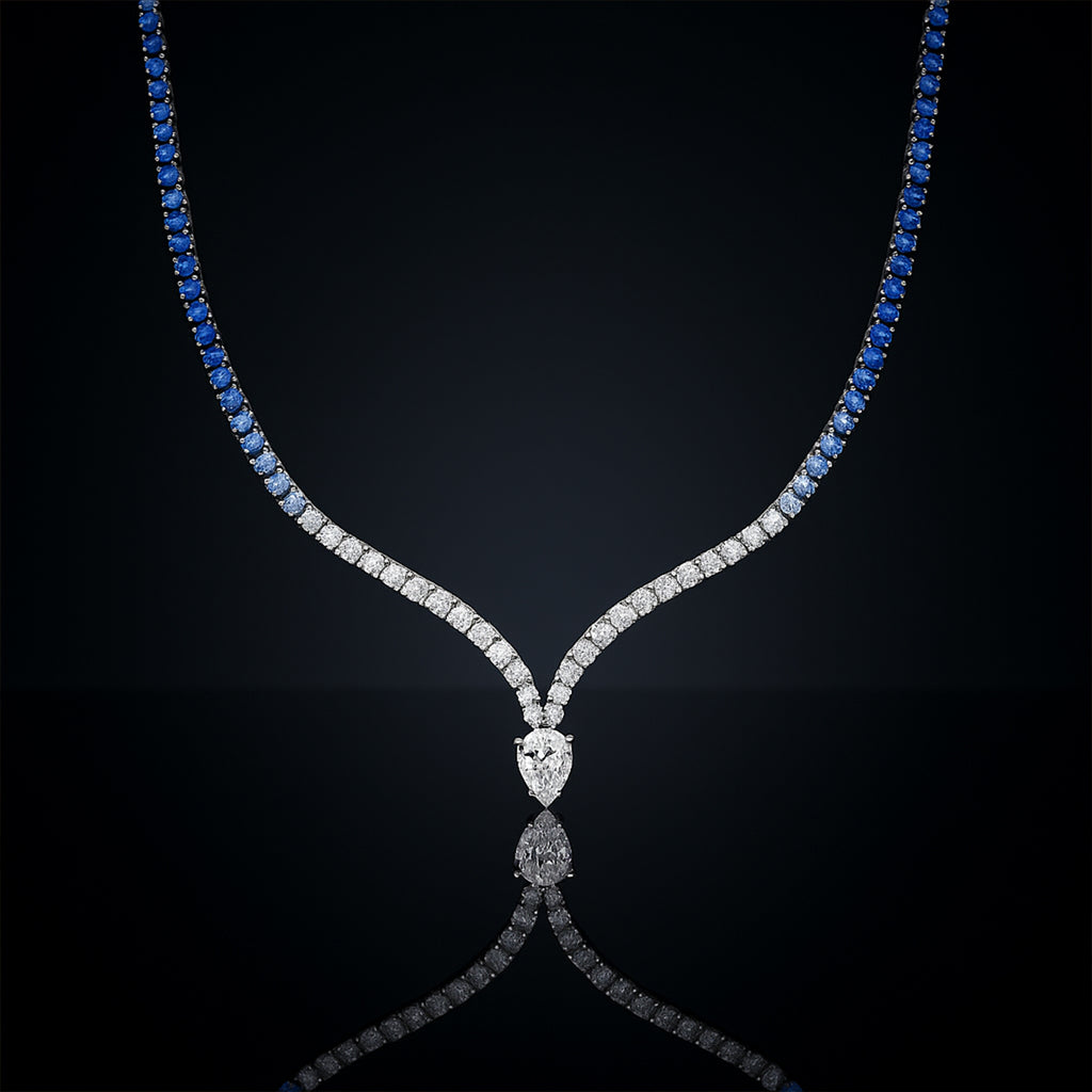 Blue Sapphire and Cubic Zirconia Tennis Necklace for Women
