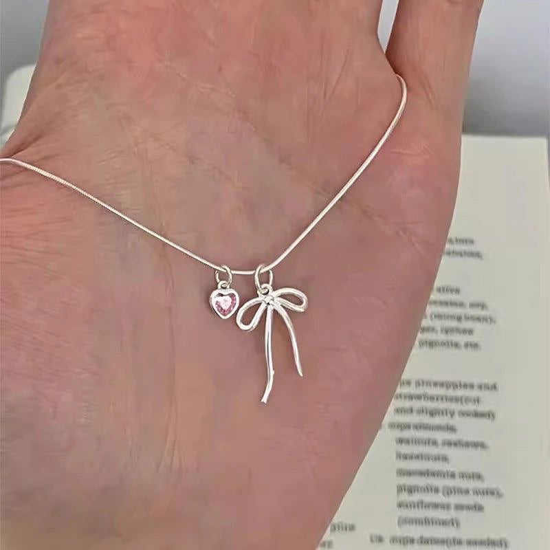 Charming Heart & Bow Silver Necklace for Women
