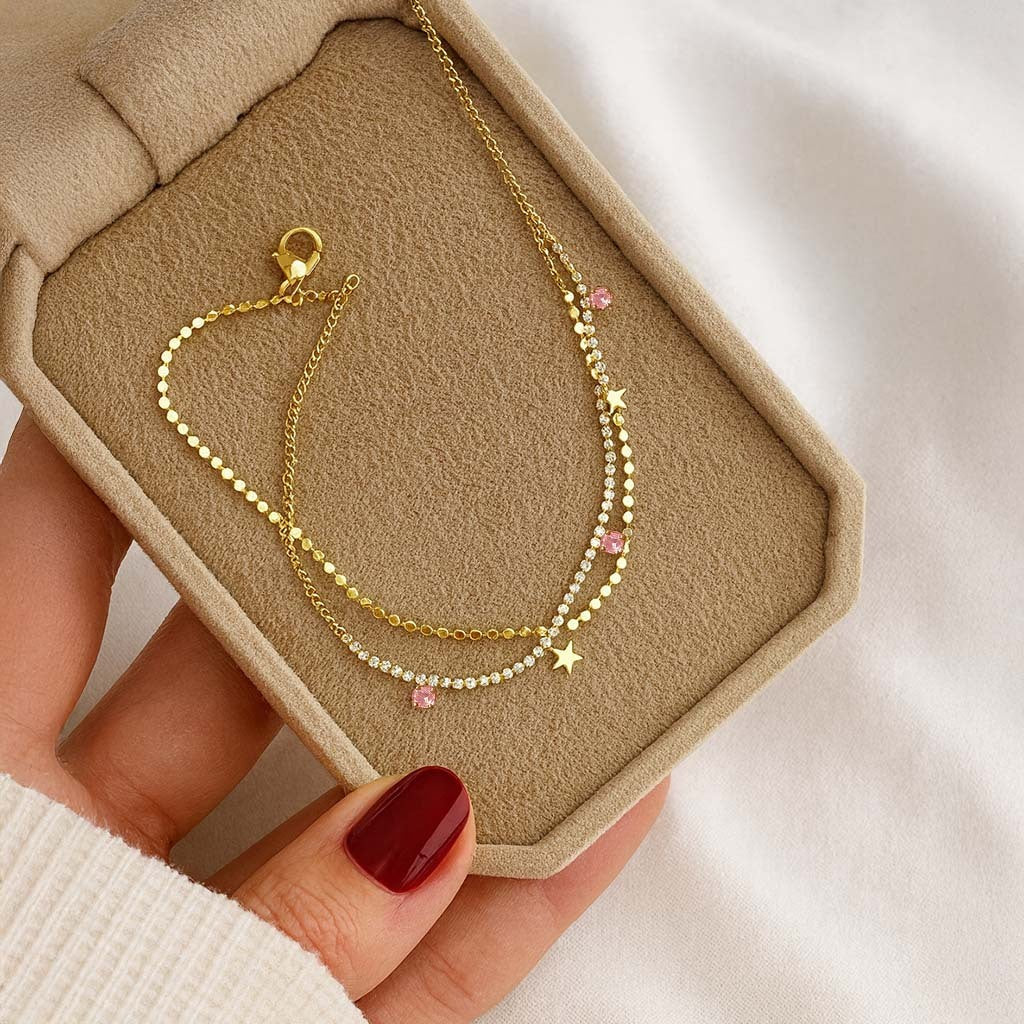 Star Pink Double-Strand Anklet For Women