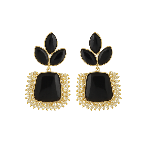 Pair of earrings  for women with black stones and gold accents on a white background