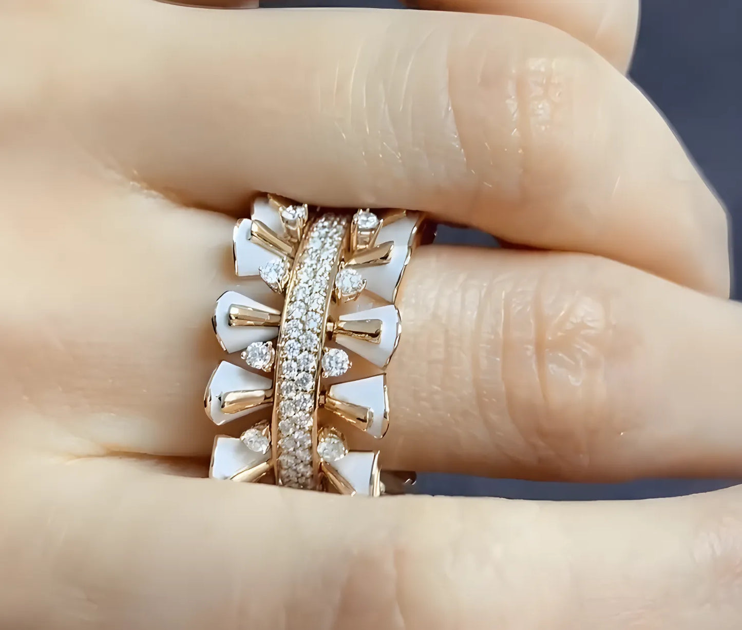Pearl White Fan Stud Earrings and Ring with CZ Stones in Gold-Plated
