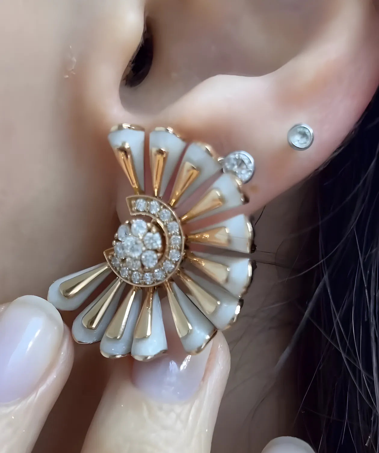 Pearl White Fan Stud Earrings and Ring with CZ Stones in Gold-Plated