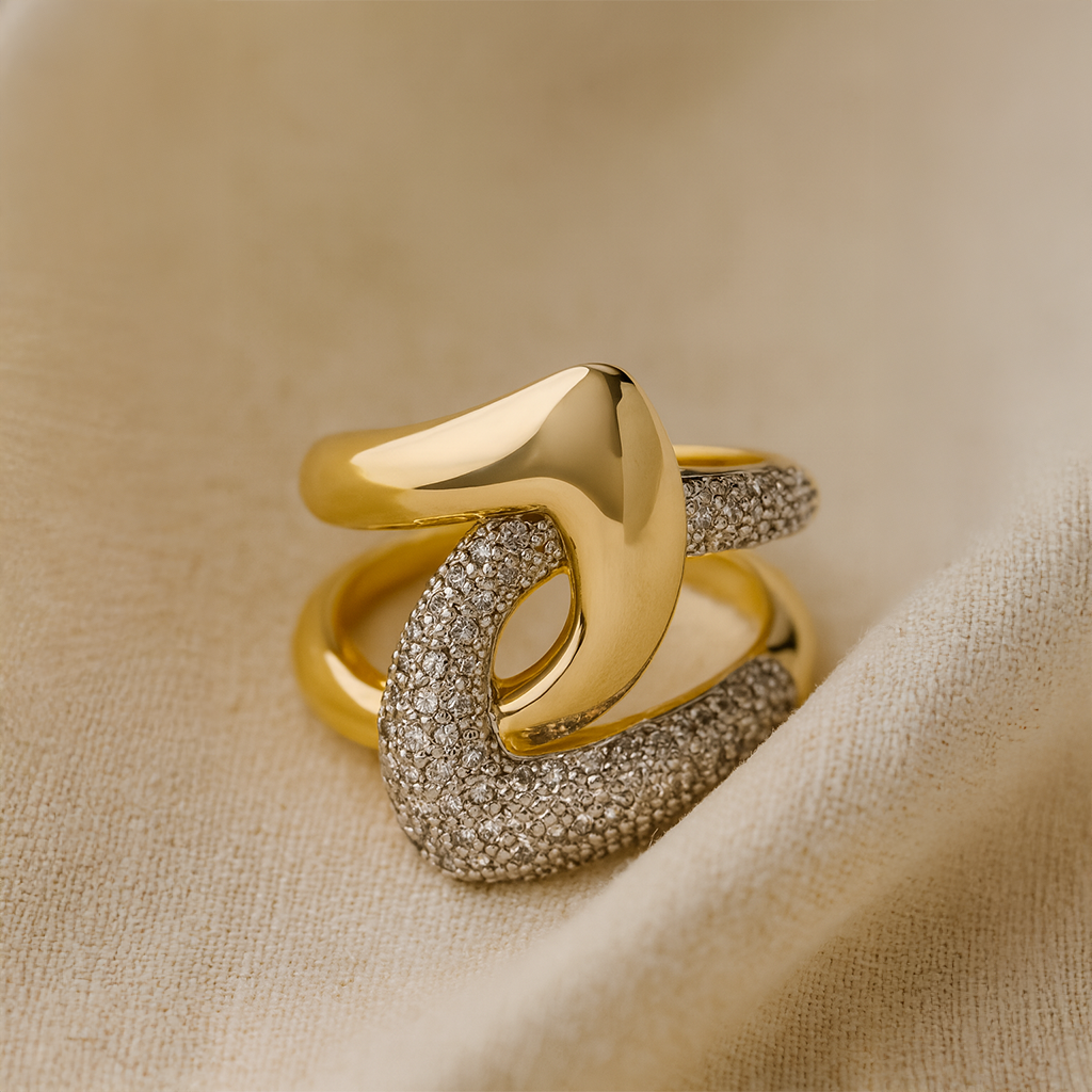 Sculptural Zircon Pave Gold Statement Ring