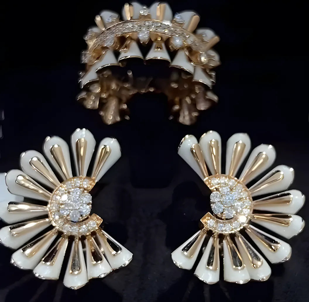 Pearl White Fan Stud Earrings and Ring with CZ Stones in Gold-Plated