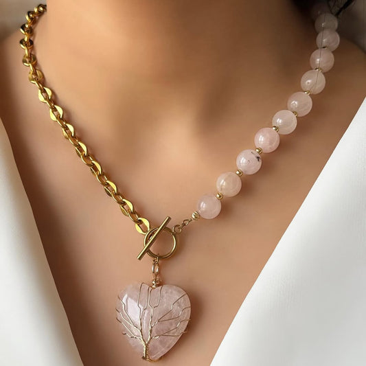 Soraya Rose Quartz and Chain-link Heart Necklace