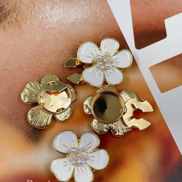 White Enamel Floral Pearl Button Covers for Women (Pair of Button)