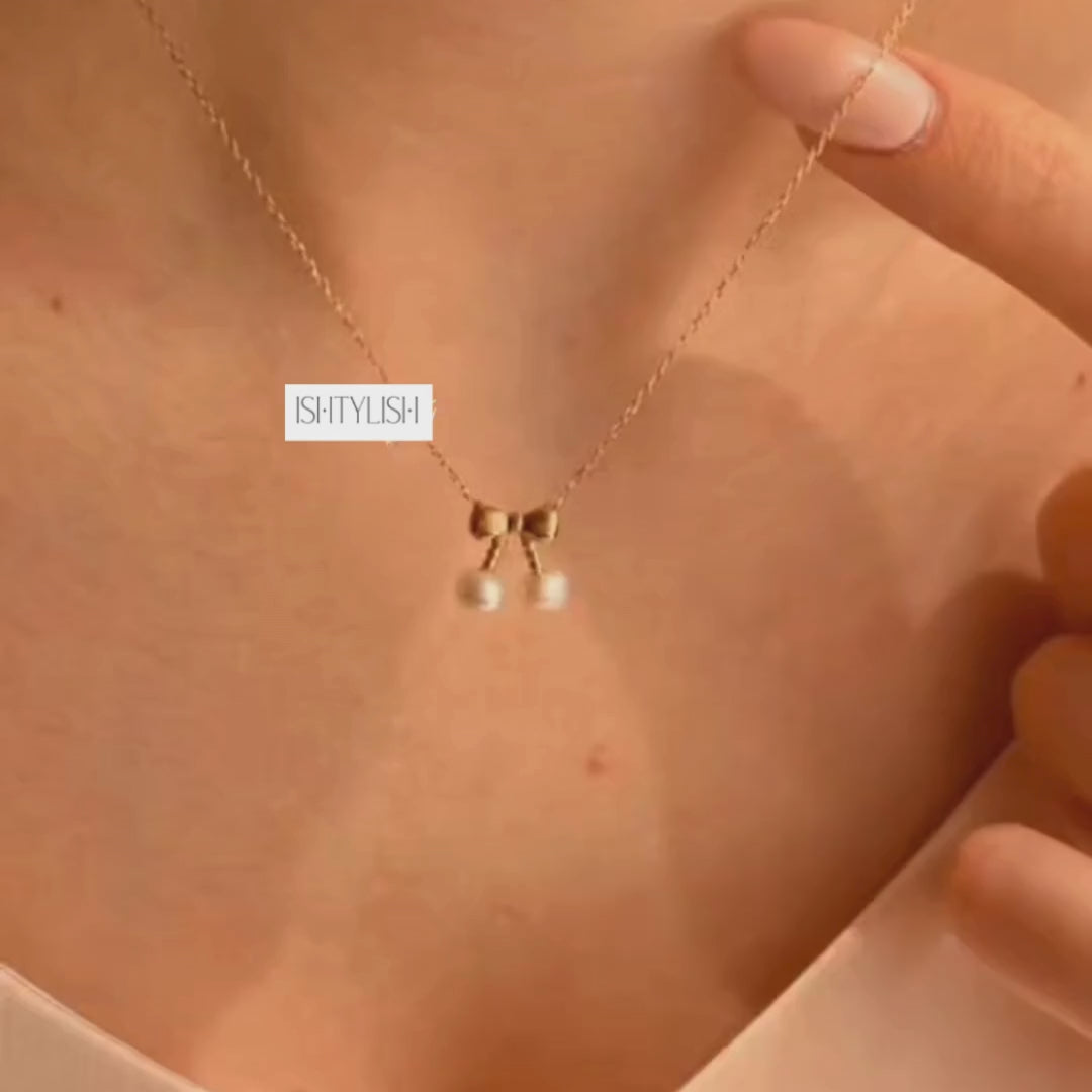 Gold Plated Pearl Bow Pendant Necklace for Women