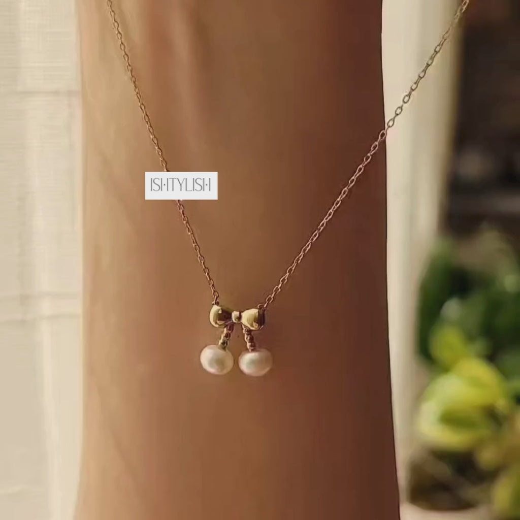 Gold Plated Pearl Bow Pendant Necklace for Women